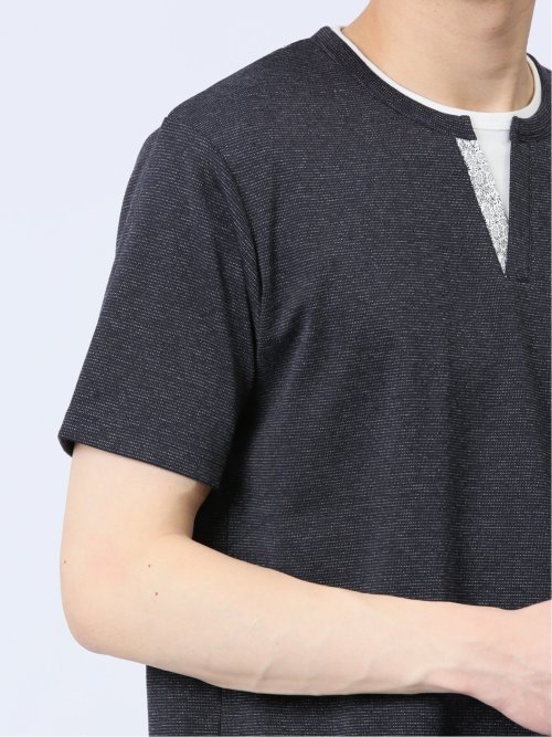 さまになる フェイクレイヤード キーネック半袖Tシャツ