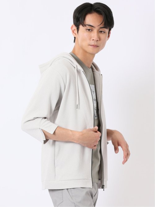 ワッフル ジャガード フルジップ 7分袖 パーカー