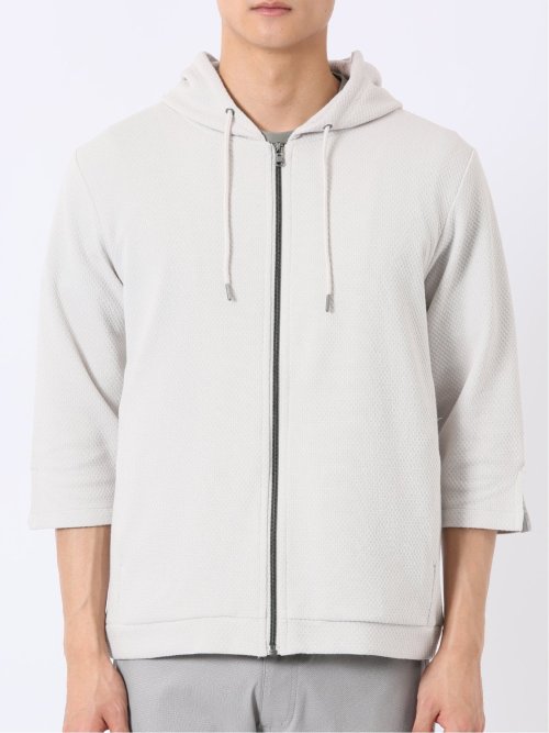 ワッフル ジャガード フルジップ 7分袖 パーカー