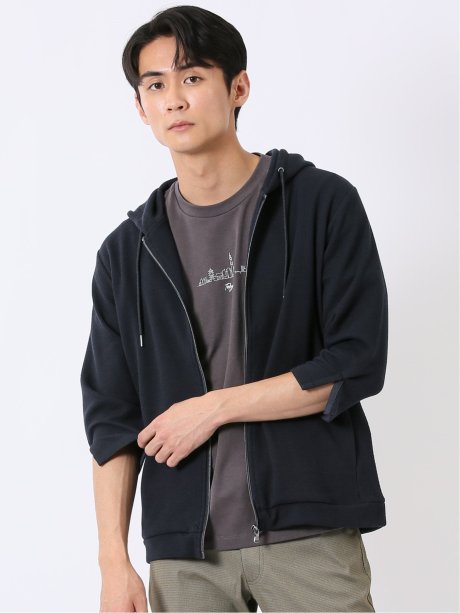 ワッフル ジャガード フルジップ 7分袖 パーカー