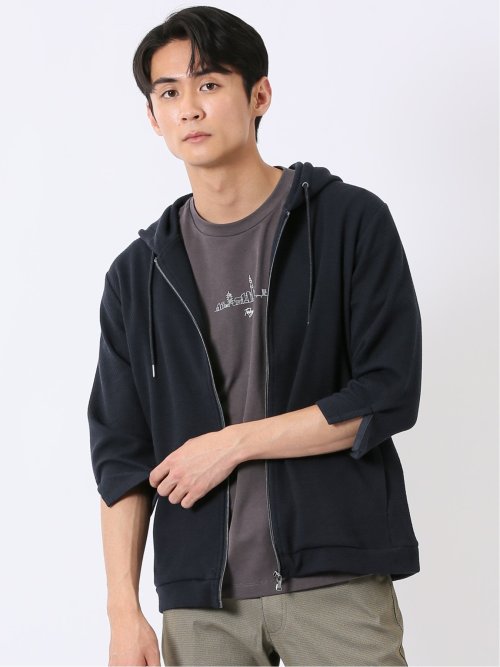 ワッフル ジャガード フルジップ 7分袖 パーカー