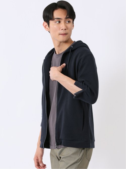 ワッフル ジャガード フルジップ 7分袖 パーカー