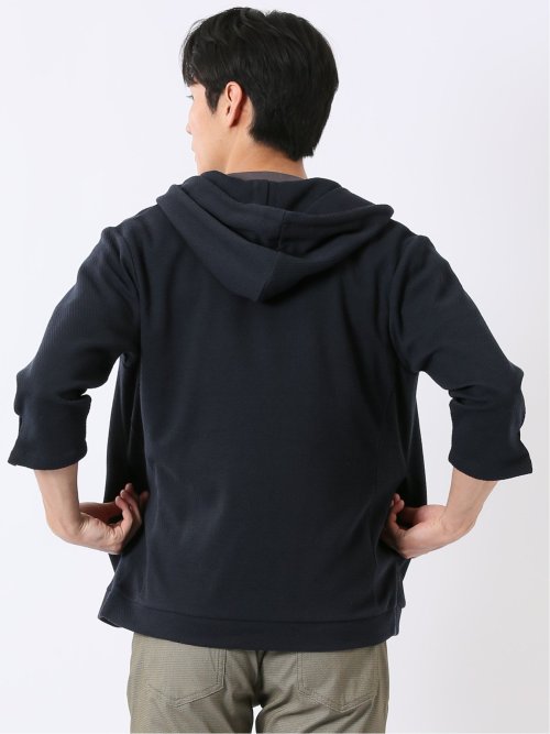 ワッフル ジャガード フルジップ 7分袖 パーカー