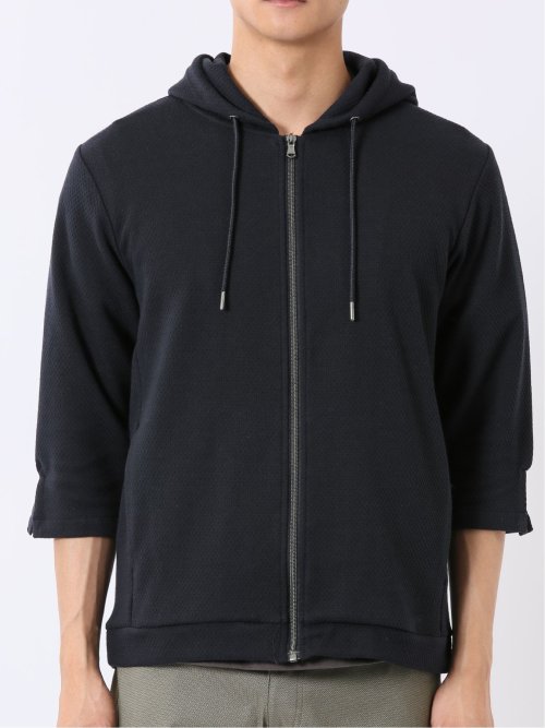 ワッフル ジャガード フルジップ 7分袖 パーカー