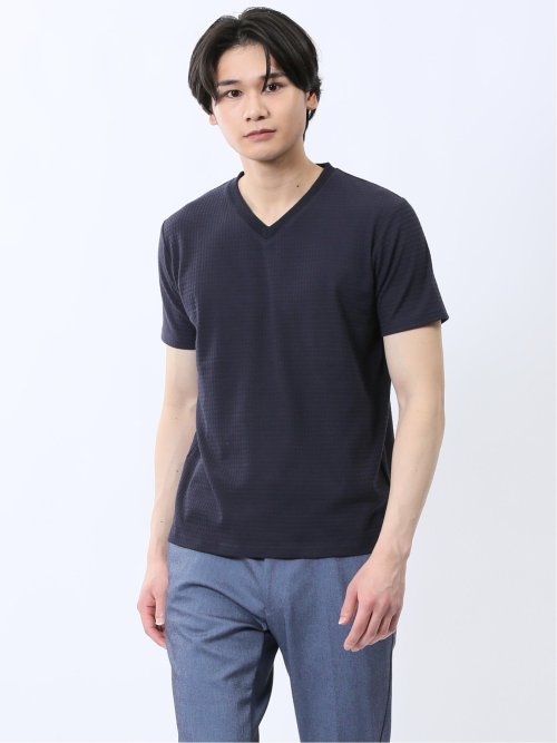 ふくれ千鳥ジャガード Vネック半袖Tシャツ