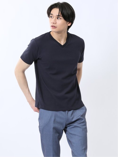 ふくれ千鳥ジャガード Vネック半袖Tシャツ