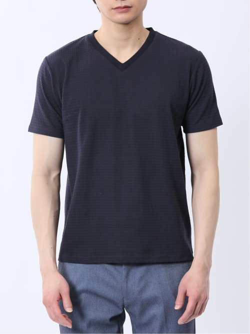 ふくれ千鳥ジャガード Vネック半袖Tシャツ