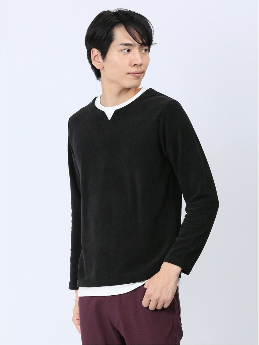 さまになる フェイクレイヤード キーネック長袖Tシャツ(M 05黒 