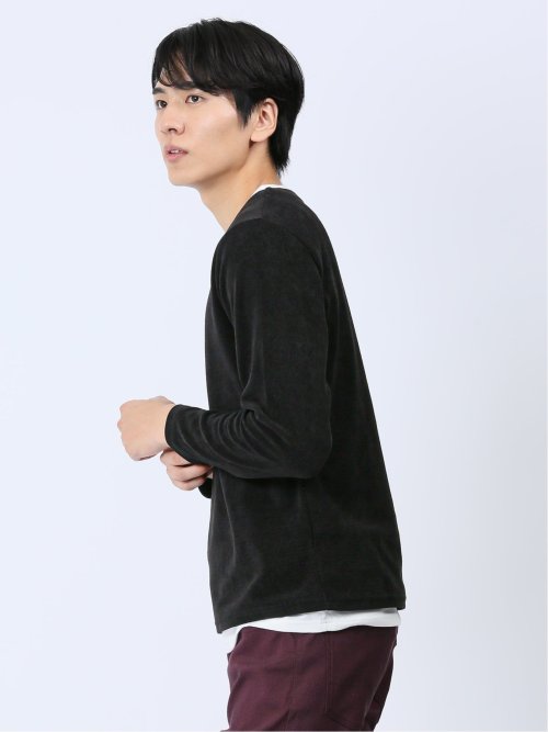 さまになる フェイクレイヤード キーネック長袖Tシャツ