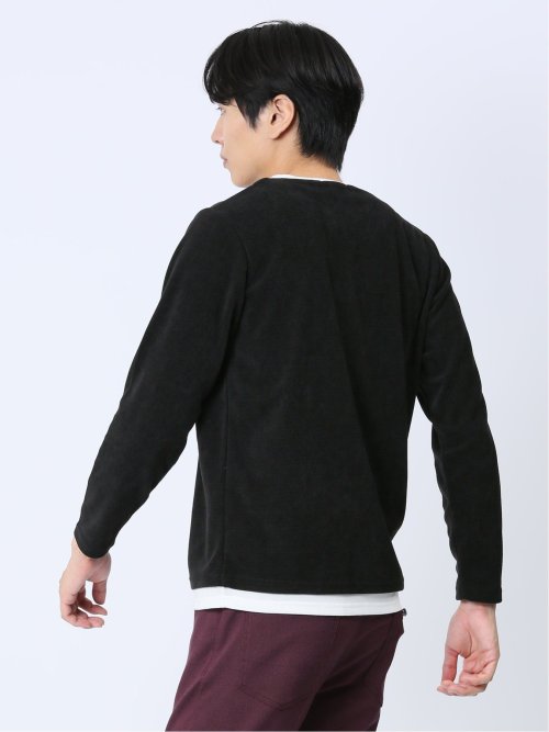 さまになる フェイクレイヤード キーネック長袖Tシャツ