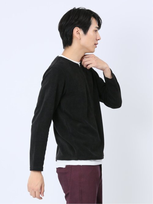 さまになる フェイクレイヤード キーネック長袖Tシャツ