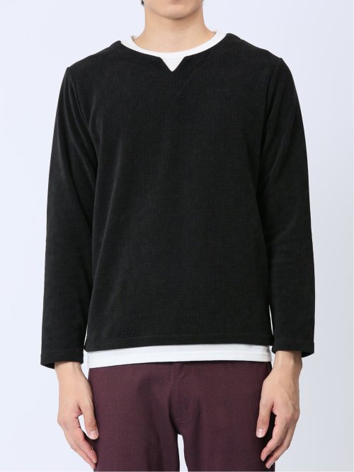 さまになる フェイクレイヤード キーネック長袖Tシャツ