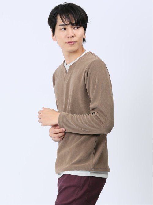 さまになる フェイクレイヤード キーネック長袖Tシャツ