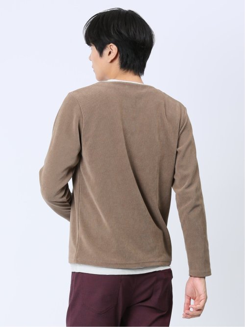 さまになる フェイクレイヤード キーネック長袖Tシャツ