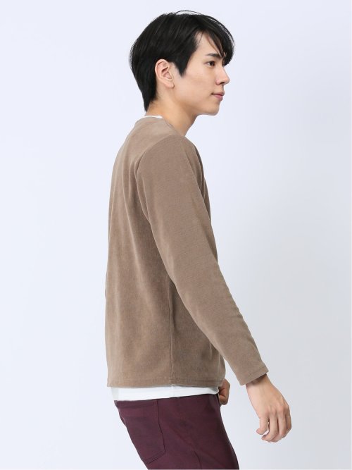 さまになる フェイクレイヤード キーネック長袖Tシャツ