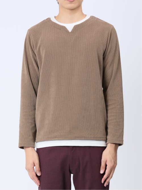 さまになる フェイクレイヤード キーネック長袖Tシャツ