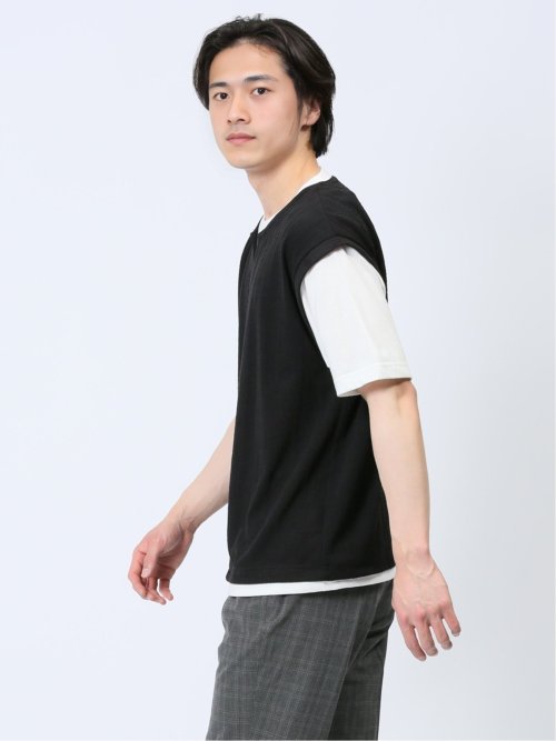 さまになる フェイクレイヤード キーネック半袖Tシャツ