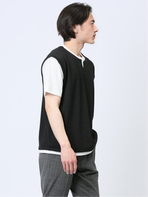 さまになる フェイクレイヤード キーネック半袖Tシャツ