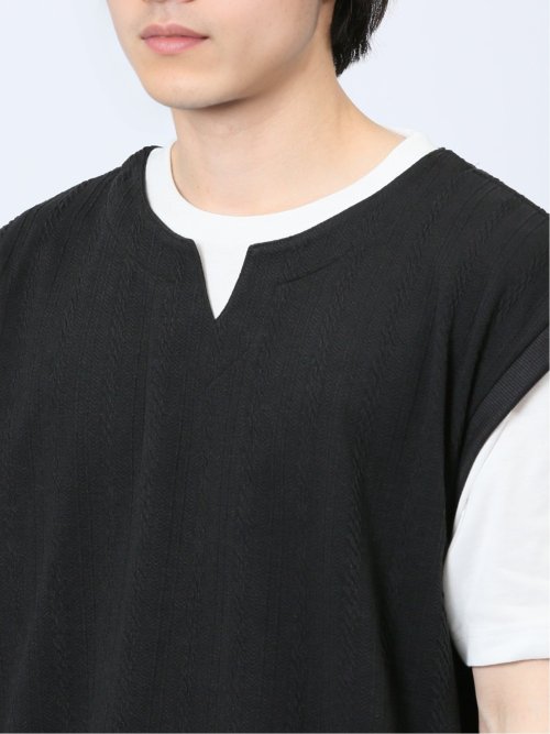 さまになる フェイクレイヤード キーネック半袖Tシャツ
