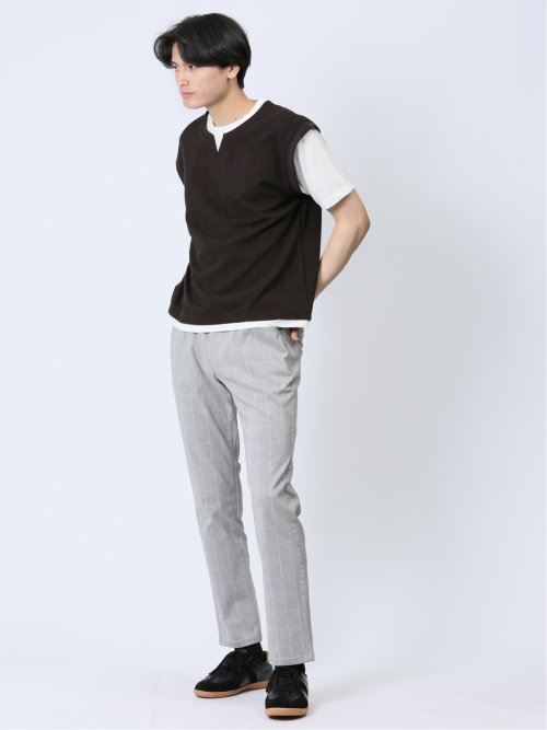 さまになる フェイクレイヤード キーネック半袖Tシャツ