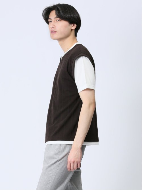 さまになる フェイクレイヤード キーネック半袖Tシャツ