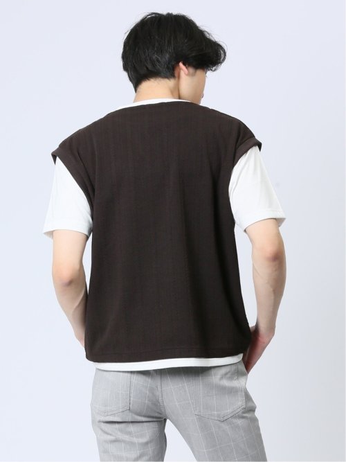 さまになる フェイクレイヤード キーネック半袖Tシャツ