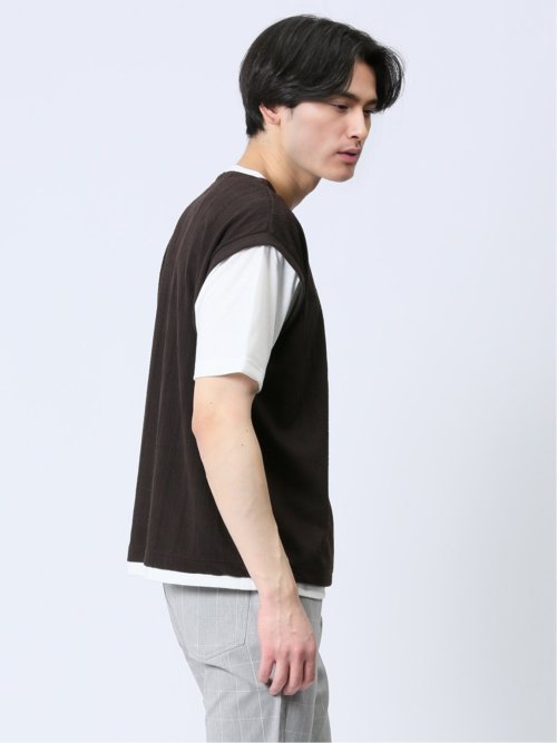 さまになる フェイクレイヤード キーネック半袖Tシャツ