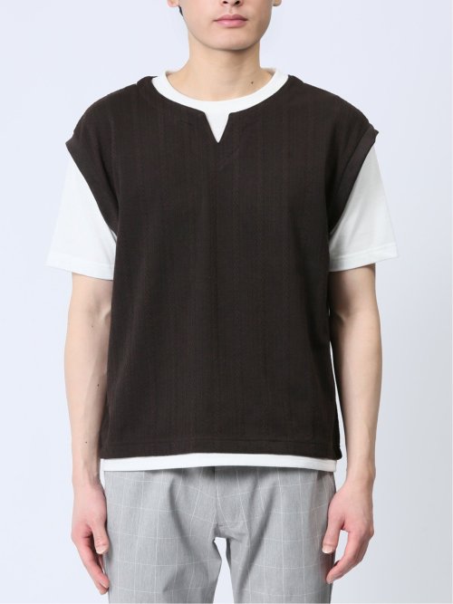 さまになる フェイクレイヤード キーネック半袖Tシャツ