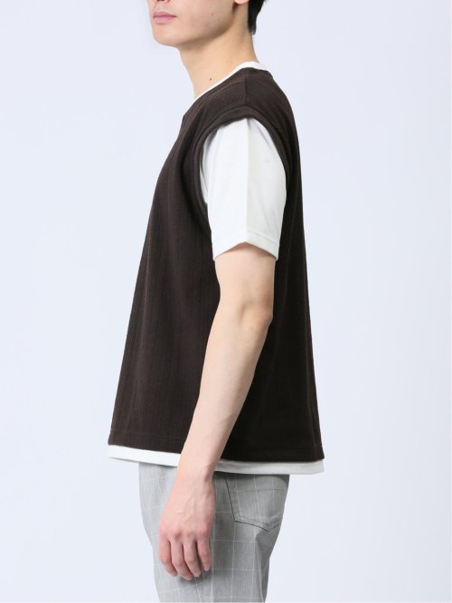 さまになる フェイクレイヤード キーネック半袖Tシャツ