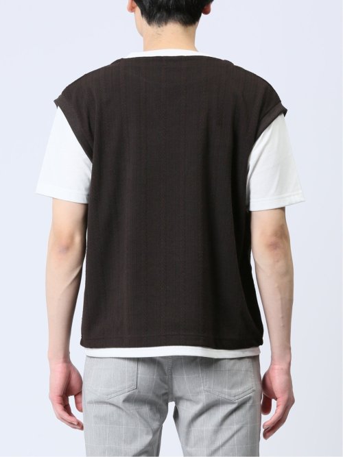 さまになる フェイクレイヤード キーネック半袖Tシャツ