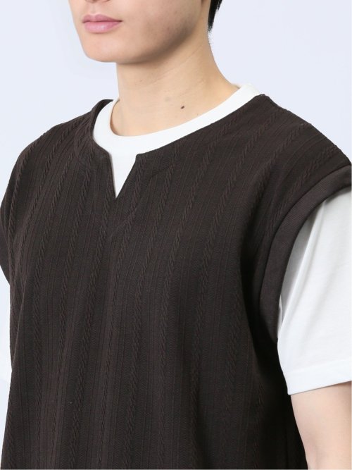 さまになる フェイクレイヤード キーネック半袖Tシャツ