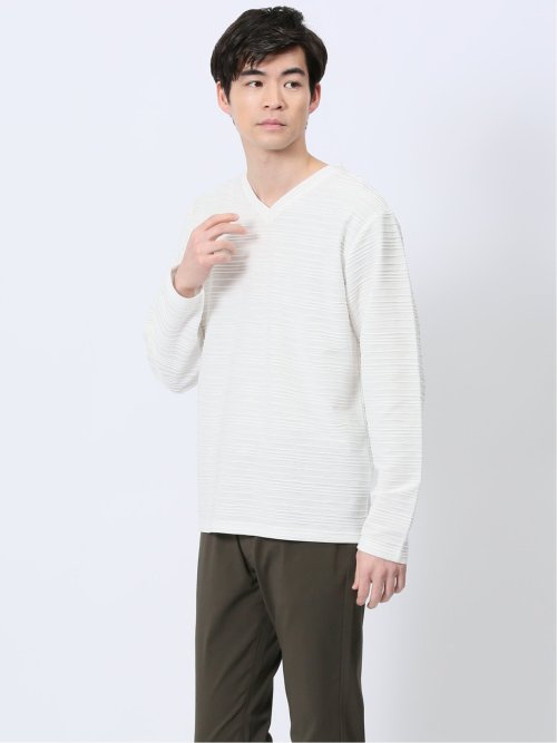 タックジャガード Vネック長袖Tシャツ(M 01白): トップス | TAKA-Q