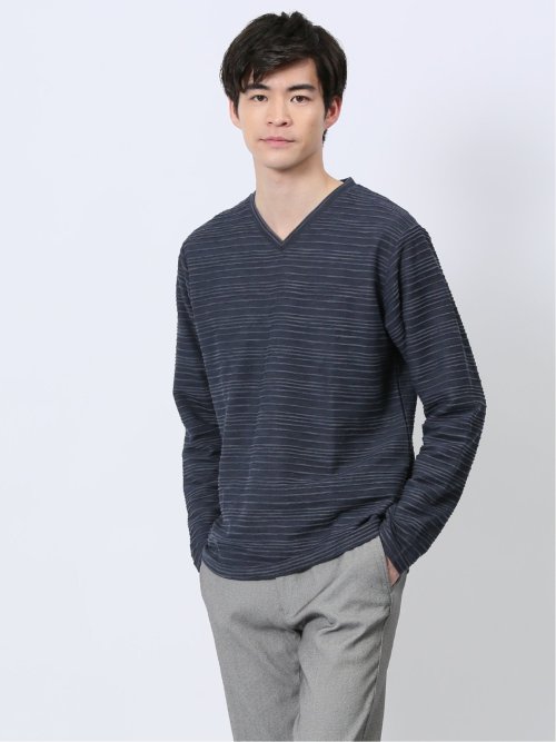 タックジャガード Vネック長袖Tシャツ