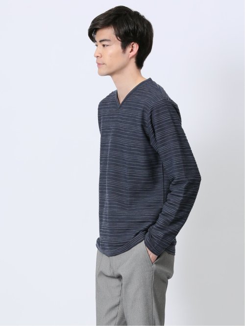 タックジャガード Vネック長袖Tシャツ
