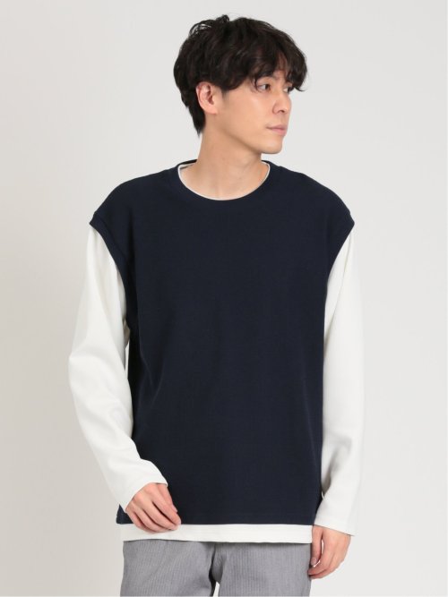 ジャガードベスト フェイクレイヤード クルーネック長袖Tシャツ