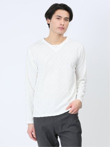 ジャガード市松 フェイクVネック長袖Tシャツ