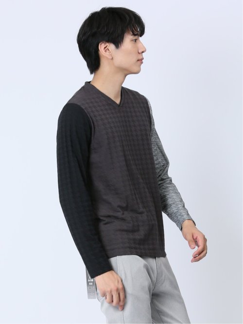 リンクスジャガード千鳥 Vネック長袖Tシャツ