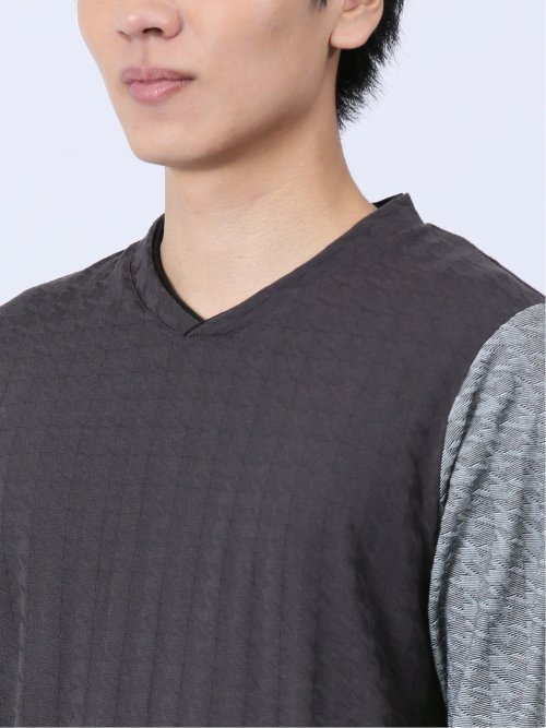 リンクスジャガード千鳥 Vネック長袖Tシャツ