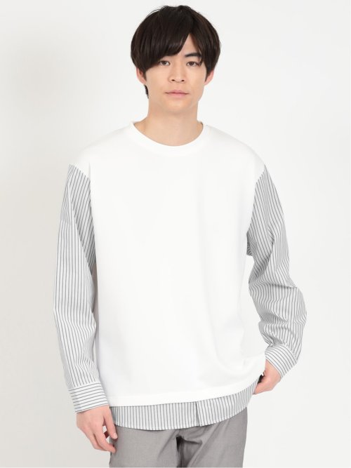 スムース×ストライプ切替 クルーネック長袖Tシャツ(M 01白