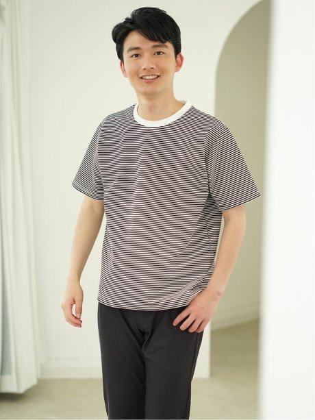 リップルマイクロボーダー クルーネック半袖Tシャツ