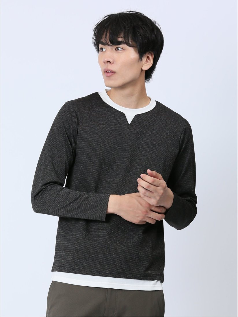 さまになる フェイクレイヤード キーネック長袖Tシャツ(M 05黒 