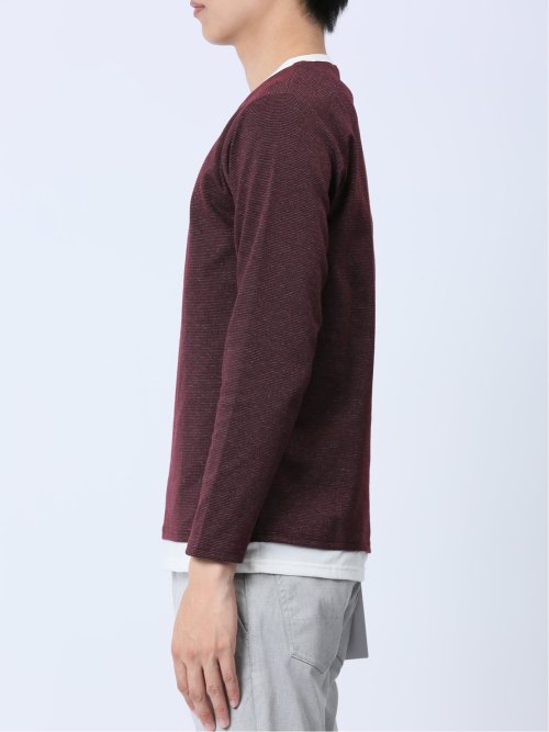 さまになる フェイクレイヤード キーネック長袖Tシャツ