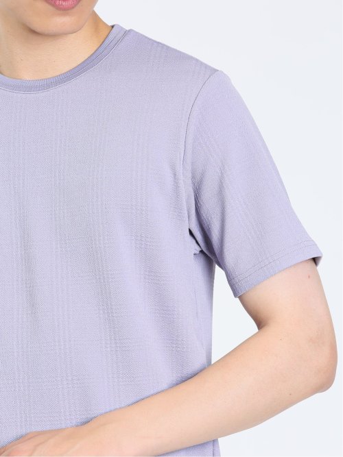 ふくれジャガード チェック柄 クルーネック半袖Ｔシャツ
