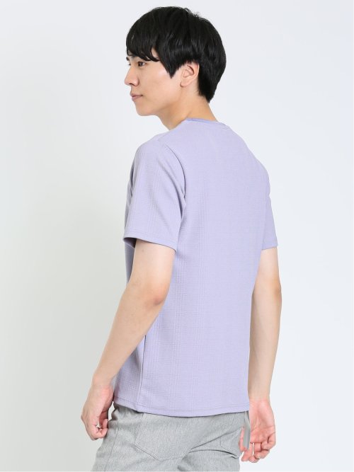 ふくれジャガード チェック柄 クルーネック半袖Ｔシャツ