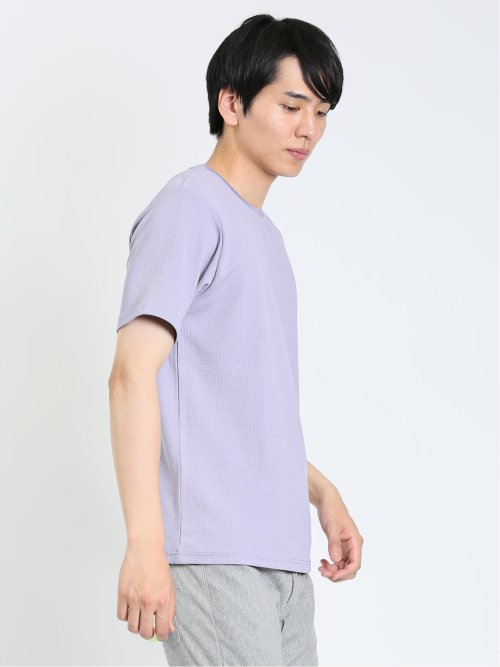 ふくれジャガード チェック柄 クルーネック半袖Ｔシャツ