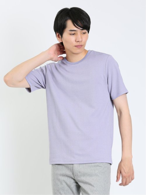 ふくれジャガード チェック柄 クルーネック半袖Ｔシャツ