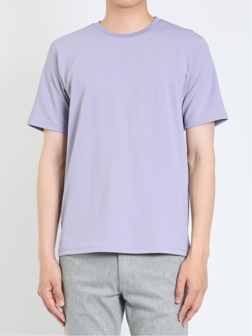 ふくれジャガード チェック柄 クルーネック半袖Ｔシャツ