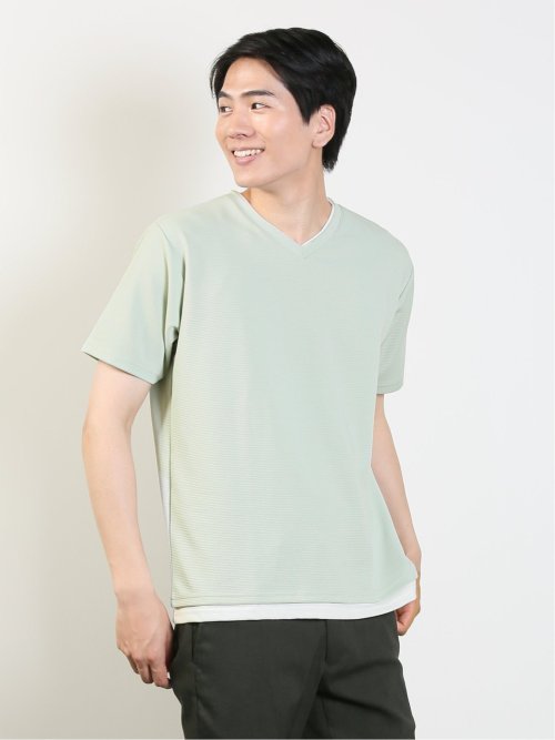 リップル フェイクVネック半袖Tシャツ(M 53モスグリーン): トップス