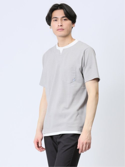 さまになる フェイクレイヤード キーネック半袖Tシャツ