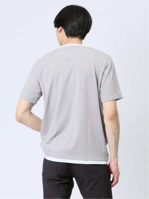 さまになる フェイクレイヤード キーネック半袖Tシャツ